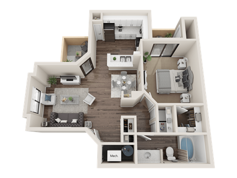 Floor plan for 1 bed, 1 bath, 726 sqft